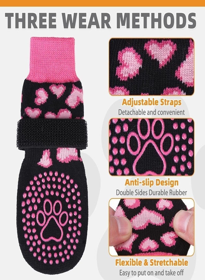 كولتيل جوارب كولتايل المضادة للانزلاق للكلاب، مناسبة للأرصفة الساخنة والباردة لمنع لعق الكفوف، أحذية واقية للكلاب مع واقيات للكفوف مزودة بمقابض للأرضيات الخشبية، جوارب وردية مزينة بقلوب لعيد الحب، مناسبة للكلاب الصغيرة والمتوسطة والكبيرة. - Image 3